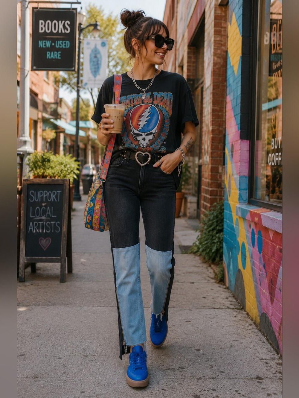 Sandrine Rose Reworked Color Block Jeans Black Blue Zip Hem Straight Leg NWT 29